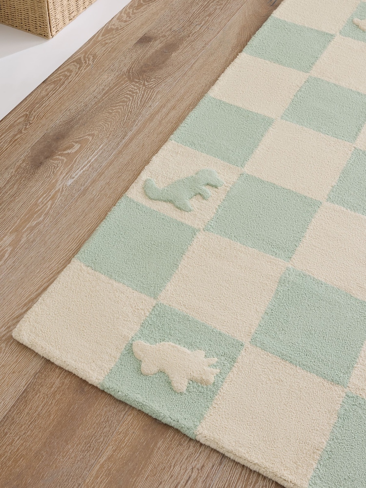 JoJo Maman Bébé Green Dinosaur Checkerboard Cotton Tufted Rug - Image 2 of 5