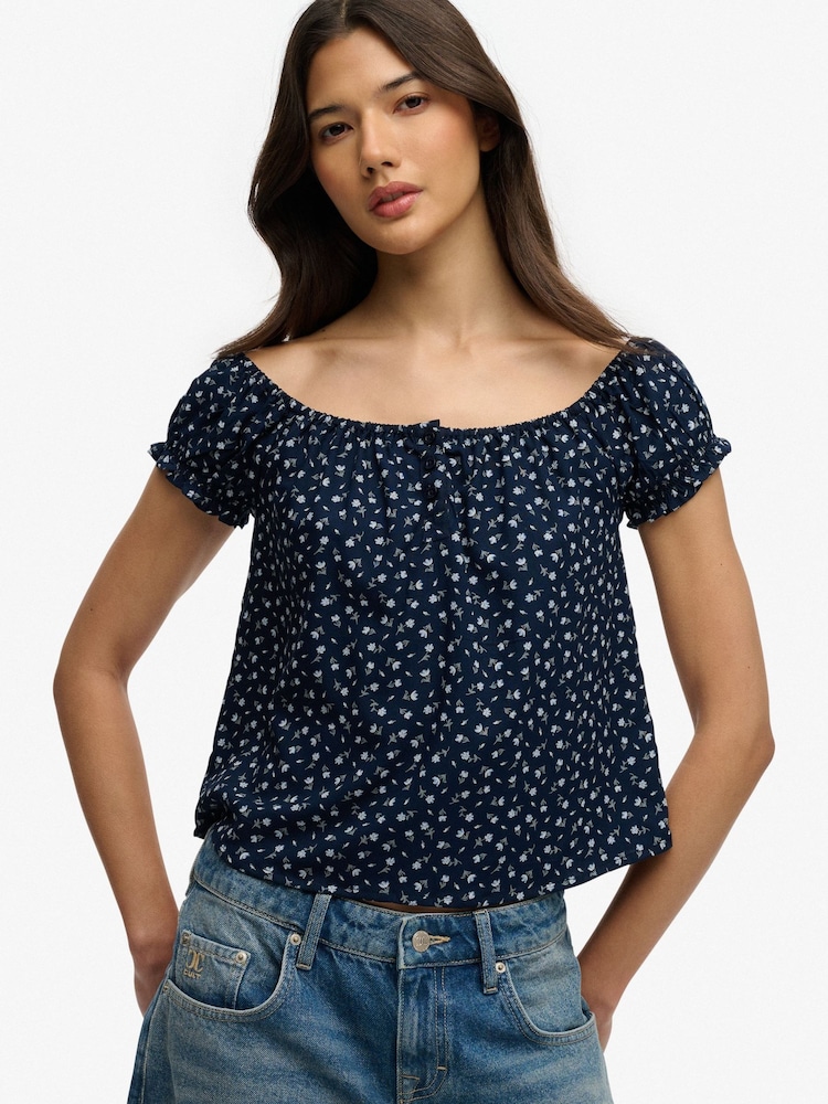 ネイビー - Superdry Short Sleeves 1/2 Button Woven Top - 画像 1 / 7