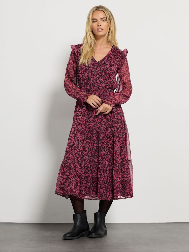 M&Co Black Petite Floral Chiffon Long Sleeve Boho Dress - Image 1 of 6