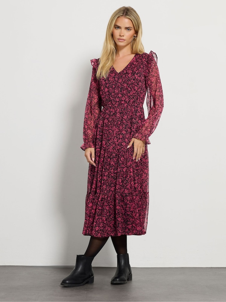 M&Co Black Petite Floral Chiffon Long Sleeve Boho Dress - Image 2 of 6