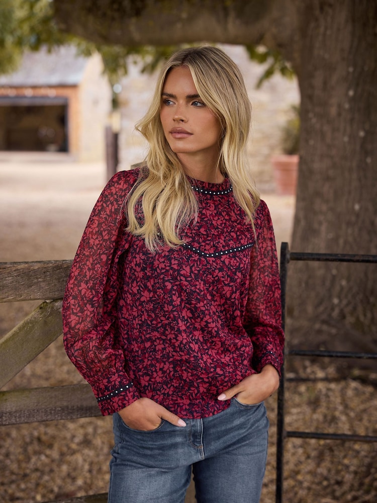 M&Co Black Petite Floral Studded Detail Blouse - Image 1 of 7