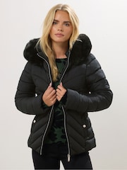 M&Co Black Petite Fur Trim Padded Jacket - Image 1 of 5
