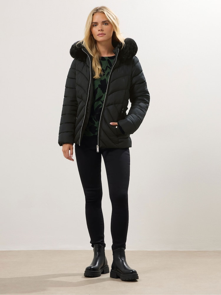 M&Co Black Petite Fur Trim Padded Jacket - Image 2 of 5