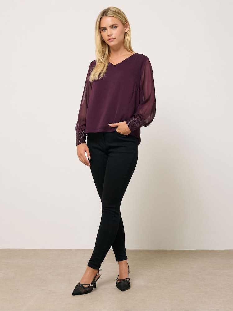 M&Co Purple Petite Sequin Cuff Blouse - Image 2 of 5