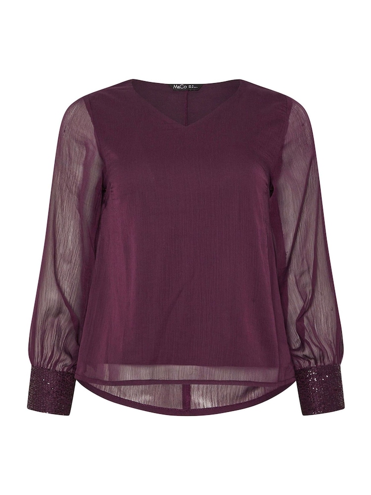 M&Co Purple Petite Sequin Cuff Blouse - Image 5 of 5