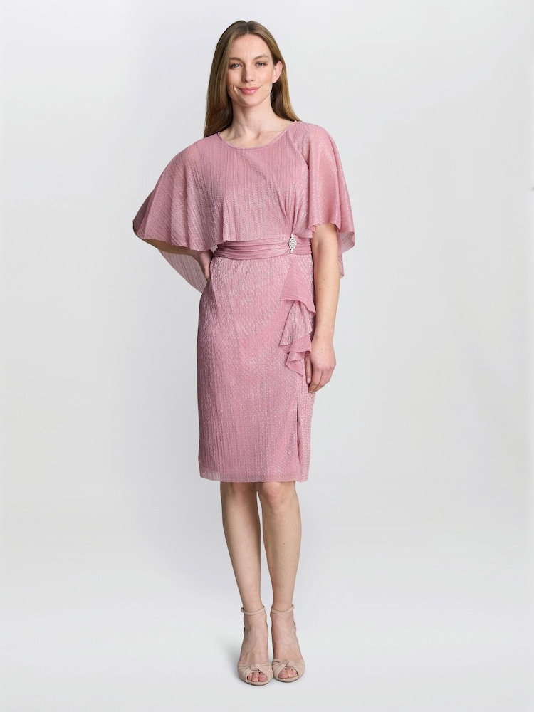 Gina Bacconi Pink Sonya Pleated Dress With Brooch - Image 1 of 6 Gina Bacconi Pink Sonya Pleated Dress With Brooch - Image 1 of 6