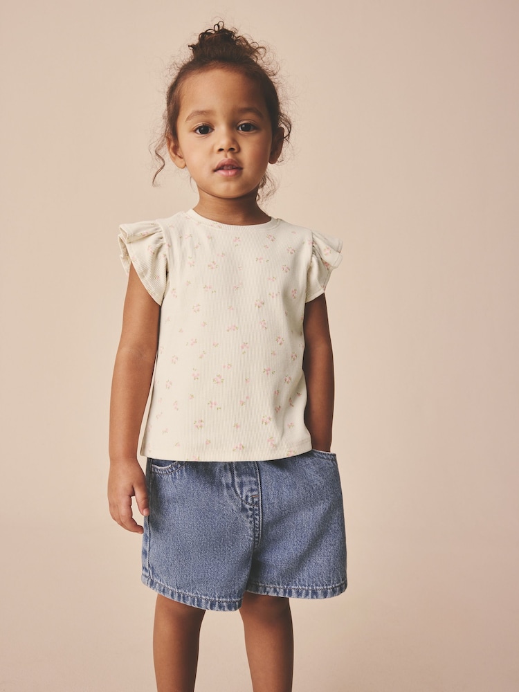 Ecru White Ditsy Floral Frill Shoulder Ribbed Vest (3mths-7yrs) - Image 1 of 10