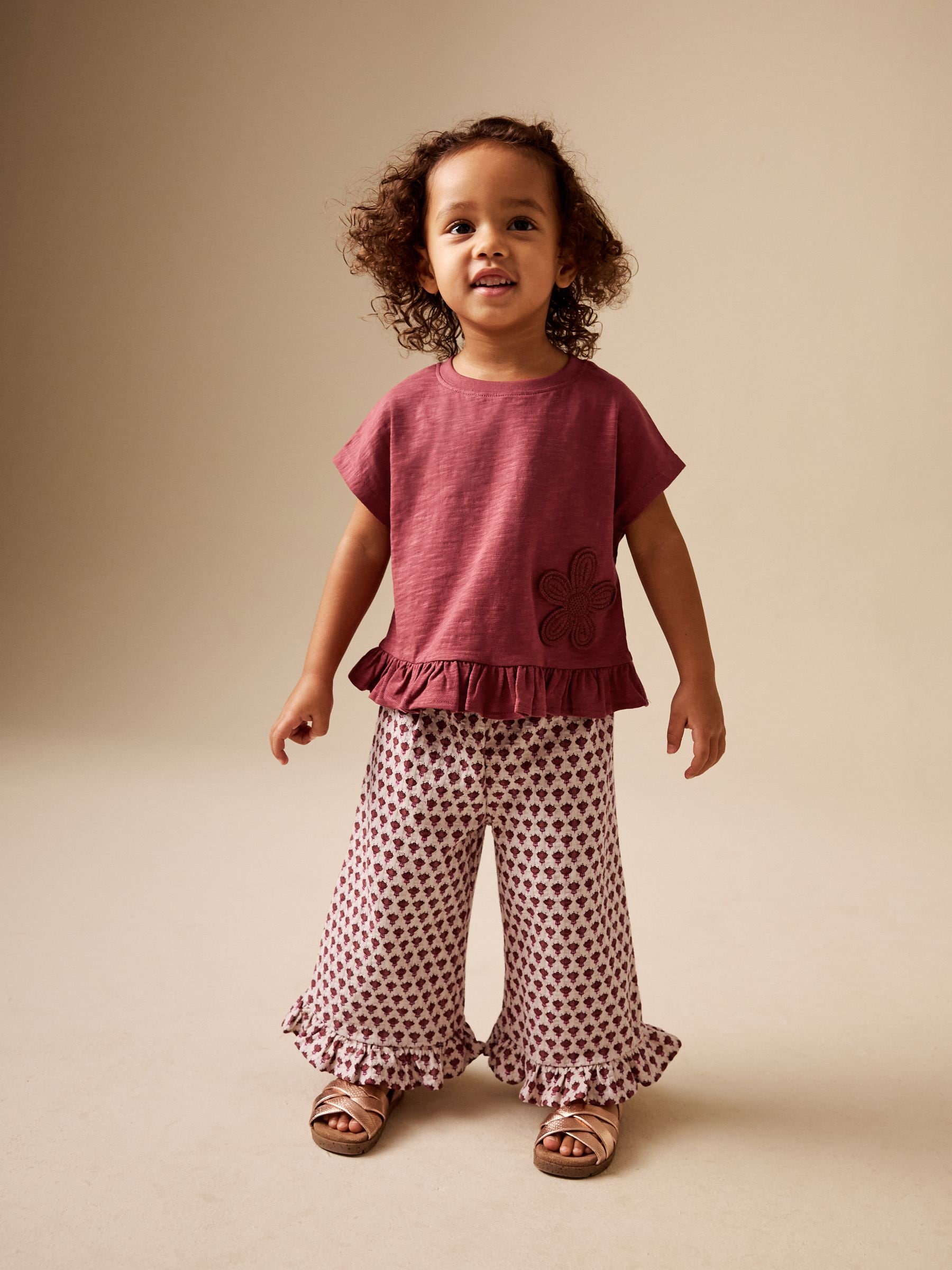 Buy Red/Brown Flower - Short Sleeve Top and Wide Trousers Set