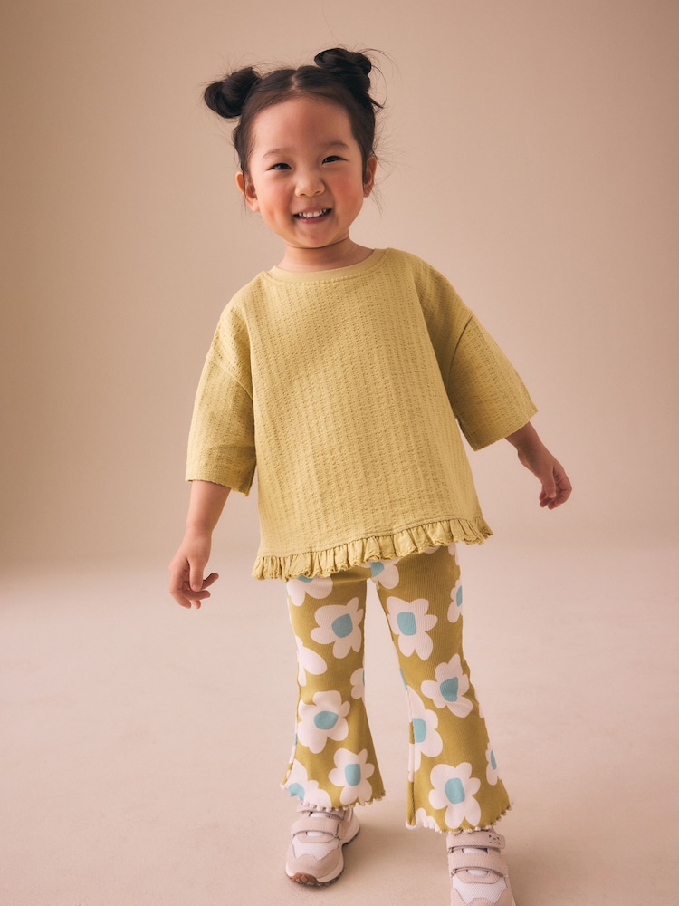 Green Stampy Flower Short Sleeve Top and Flare Set (3mths-7yrs) - Image 1 of 4 Green Stampy Flower Short Sleeve Top and Flare Set (3mths-7yrs) - Image 1 of 4