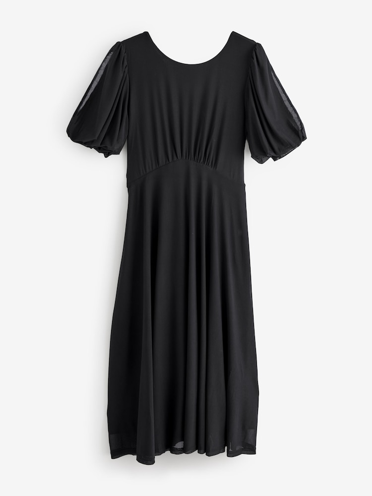 Jolie Moi Black Puff Sleeve Mesh Midi Dress - Image 1 of 1