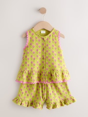 绿色/粉色花朵 - 荷叶边背心和短裤套装（3个月-7岁） - 10的图像6｝