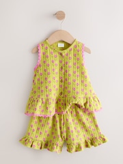 绿色/粉色花朵 - 荷叶边背心和短裤套装（3个月-7岁） - 10的图像7｝