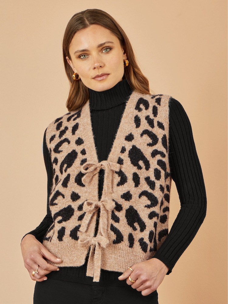 Yumi Natural Animal Print Intarsia Tie Front Waistcoat - Image 1 of 4 Yumi Natural Animal Print Intarsia Tie Front Waistcoat - Image 1 of 4