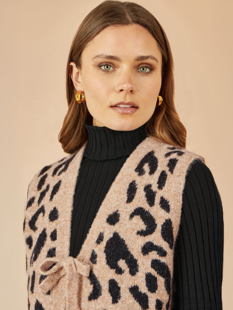 Yumi Natural Animal Print Intarsia Tie Front Waistcoat - Image 2 of 4 Yumi Natural Animal Print Intarsia Tie Front Waistcoat - Image 2 of 4