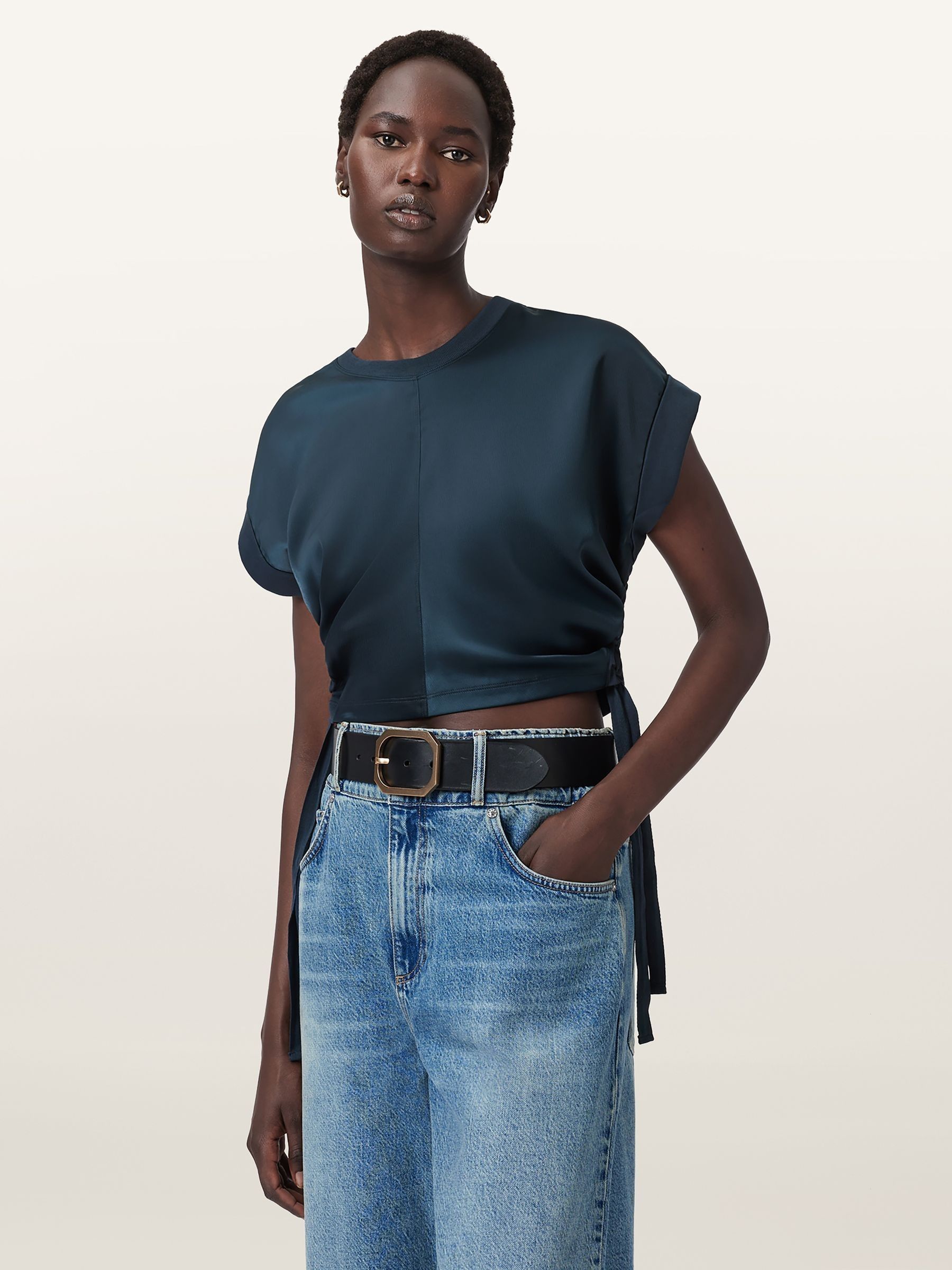 Buy AllSaints Dark Blue Mira Cropped Satin Drawcord T-Shirt from