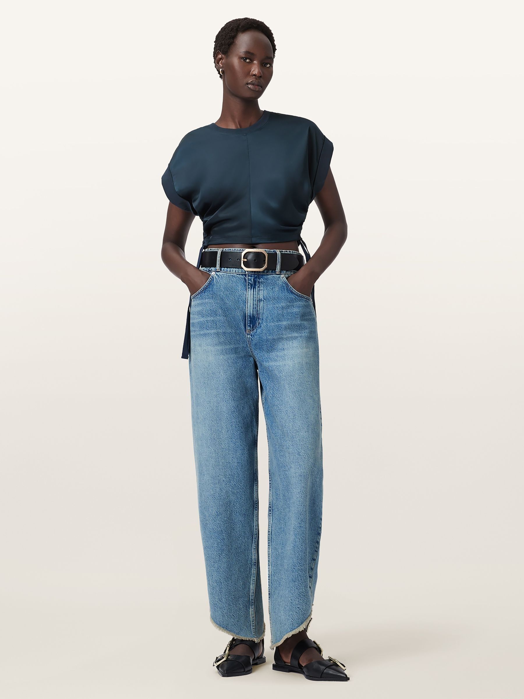 Buy AllSaints Dark Blue Mira Cropped Satin Drawcord T-Shirt from