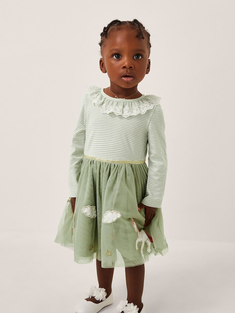 Monsoon Green Baby Stripe Unicorn Tulle Dress - Image 1 of 2