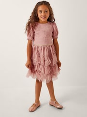 Monsoon Pink Bow Puff Sleeve Ruffle Dress - Image 1 of 1