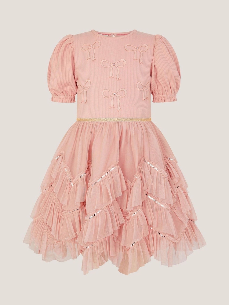 Monsoon Pink Bow Puff Sleeve Ruffle Dress - Image 2 of 4