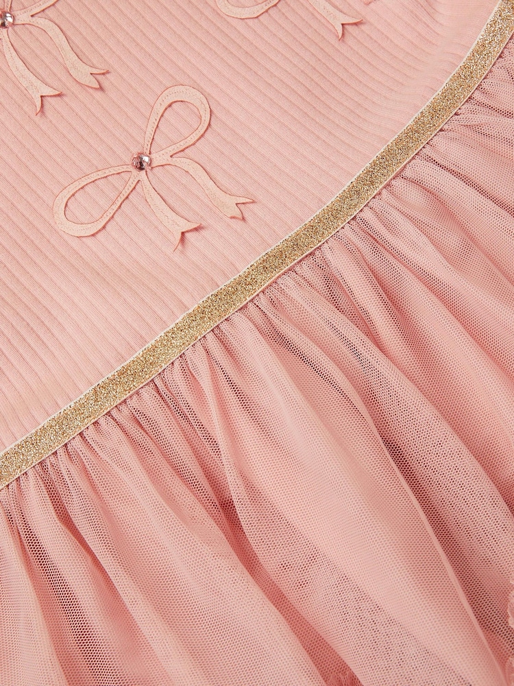 Monsoon Pink Bow Puff Sleeve Ruffle Dress - Image 4 of 4