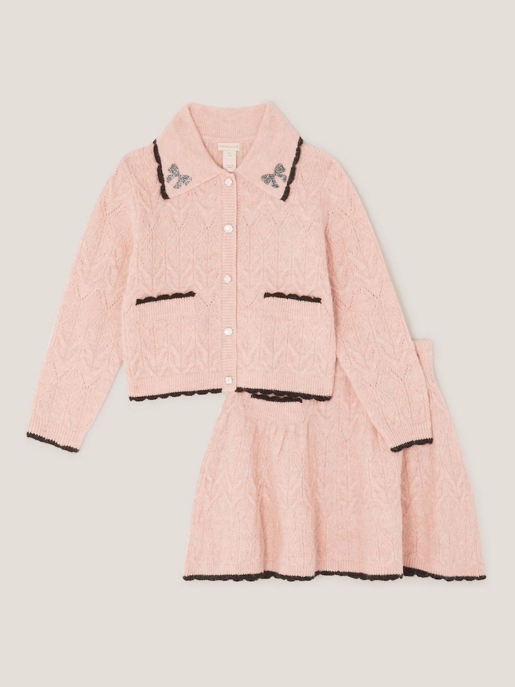 Monsoon Pink Bow Collar Cardigan & Knit Skirt Set - Image 2 of 4
