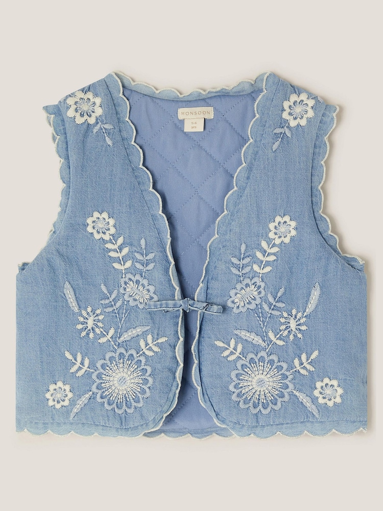 Monsoon Blue Embroidered Chambray Waistcoat - Image 2 of 4 Monsoon Blue Embroidered Chambray Waistcoat - Image 2 of 4