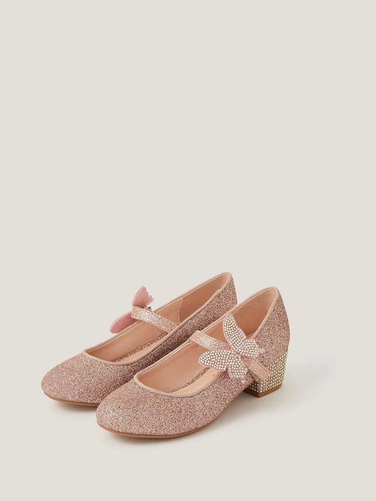 Monsoon Pink Glitter Butterfly Strap Heels - Image 1 of 3 Monsoon Pink Glitter Butterfly Strap Heels - Image 1 of 3