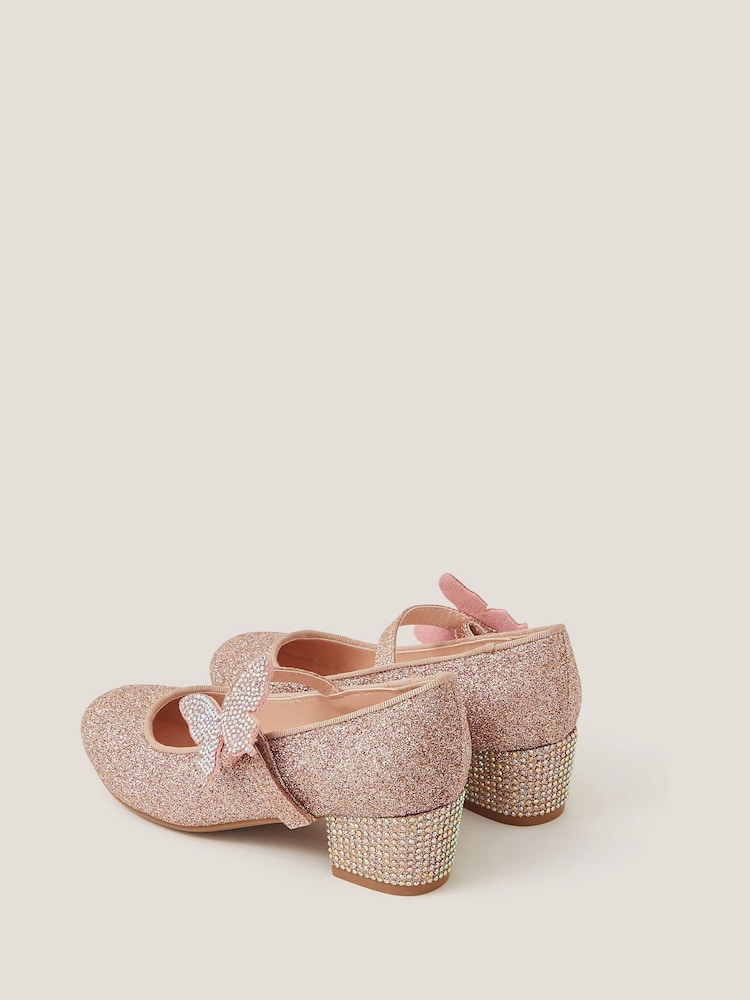 Monsoon Pink Glitter Butterfly Strap Heels - Image 2 of 3 Monsoon Pink Glitter Butterfly Strap Heels - Image 2 of 3