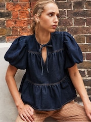 Ro&Zo Blue Denim Puff Sleeve Top - Image 1 of 5