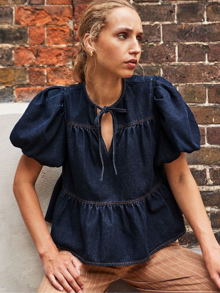 Ro&Zo Blue Denim Puff Sleeve Top - Image 1 of 5