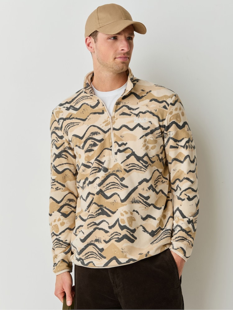 Jack Wolfskin Cream Paw Era 100 Print Half Zip Fleeces - Image 1 of 7 Jack Wolfskin Cream Paw Era 100 Print Half Zip Fleeces - Image 1 of 7