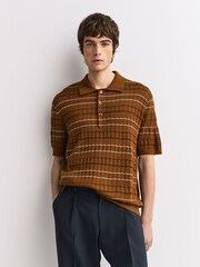 NN.07 Brown Alfie Striped Wool Blend Polo Shirt - Image 1 of 7