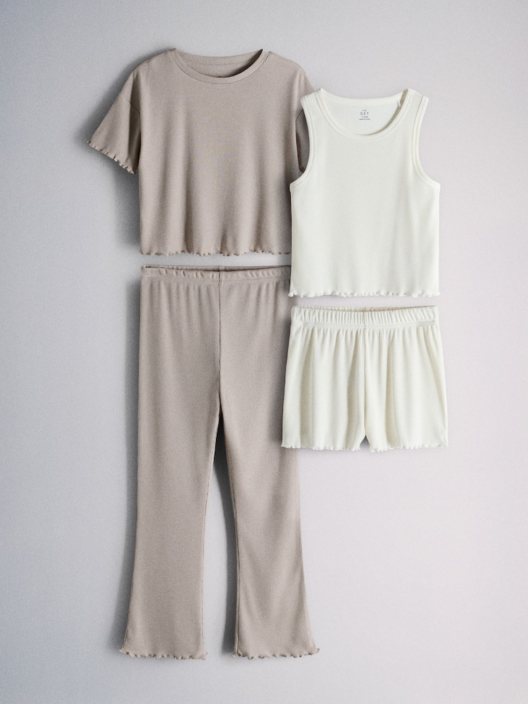 Marrón/Crema - The Set 4 Pack Chaleco de canalé, pantalones cortos, camiseta y Leggings acampanados Pijamas Set - Imagen 1 de 6 Marrón/Crema - The Set 4 Pack Chaleco de canalé, pantalones cortos, camiseta y Leggings acampanados Pijamas Set - Imagen 1 de 6