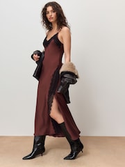 Chocolate Brown Strappy Satin Cami Midi Dress With Lace Trim - Image 1 of 10