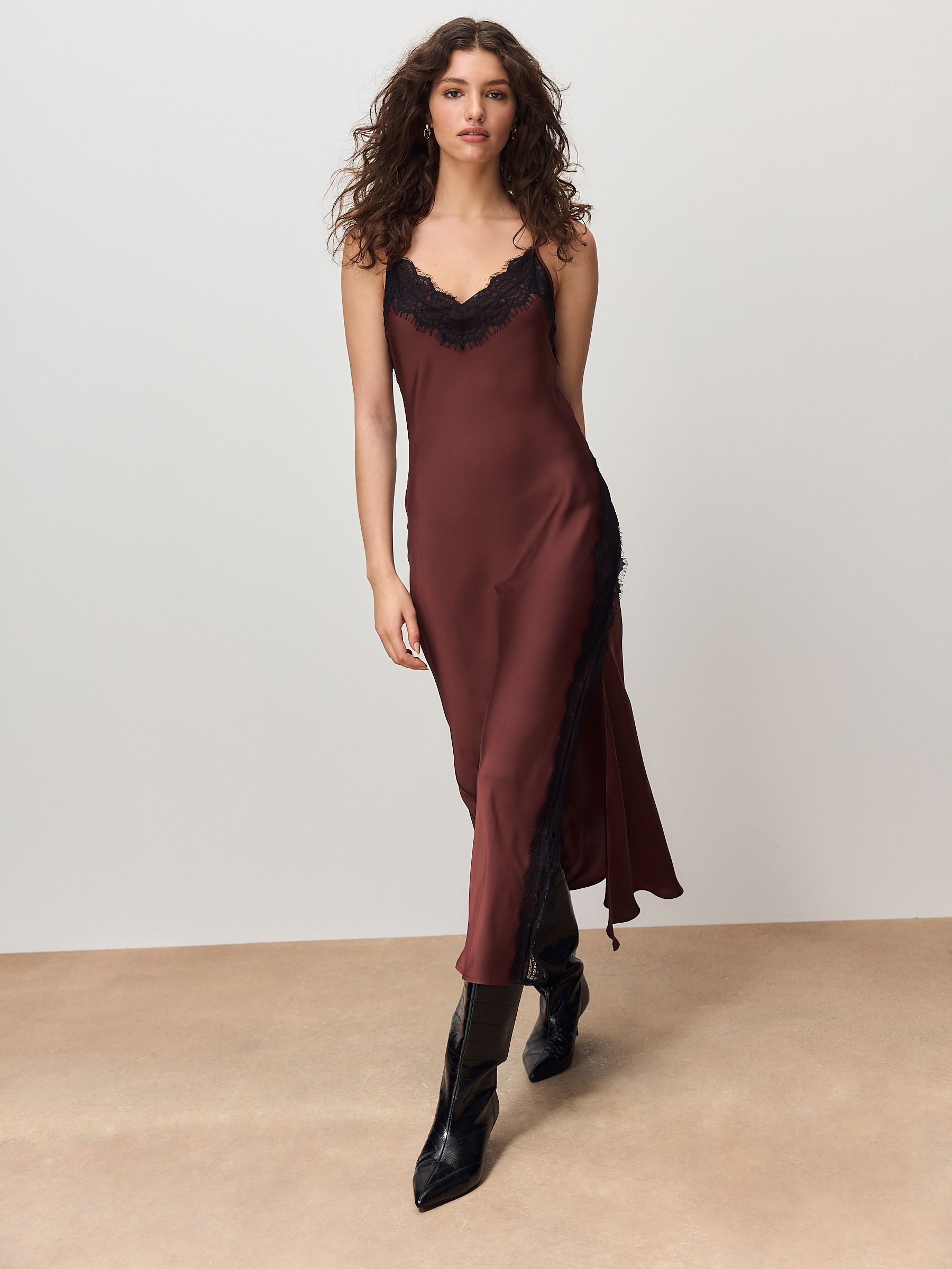 Buy Chocolate Brown Strappy Satin Cami Midi Dress With Lace Trim