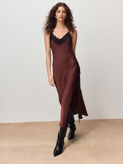 Chocolate Brown Strappy Satin Cami Midi Dress With Lace Trim - Image 2 of 10