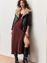 Chocolate Brown Strappy Satin Cami Midi Dress With Lace Trim - Image 3 of 10