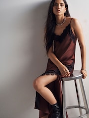 Chocolate Brown Strappy Satin Cami Midi Dress With Lace Trim - Image 4 of 10