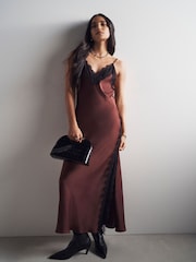 Chocolate Brown Strappy Satin Cami Midi Dress With Lace Trim - Image 5 of 10