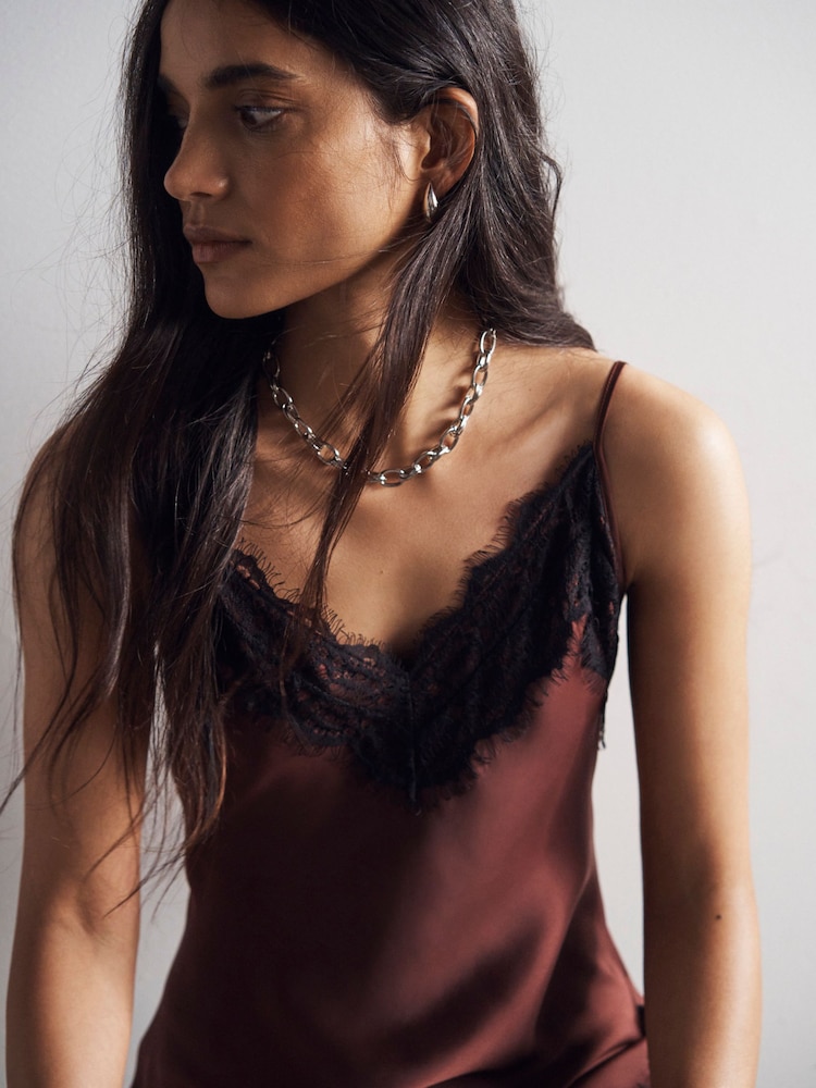 Womens Next Chocolate Brown Strappy Satin Cami Midi Dress With Lace Trim US 10