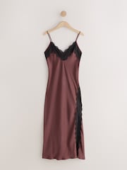 Chocolate Brown Strappy Satin Cami Midi Dress With Lace Trim - Image 8 of 10