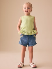 Mid Blue Denim Embroidered Flower - Pullon Shorts (3mths-7yrs) - Imaginea 2 din 9