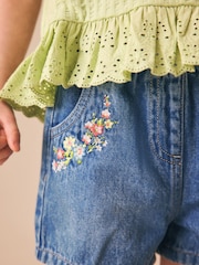 Mid Blue Denim Embroidered Flower - Pullon Shorts (3mths-7yrs) - Imaginea 4 din 9