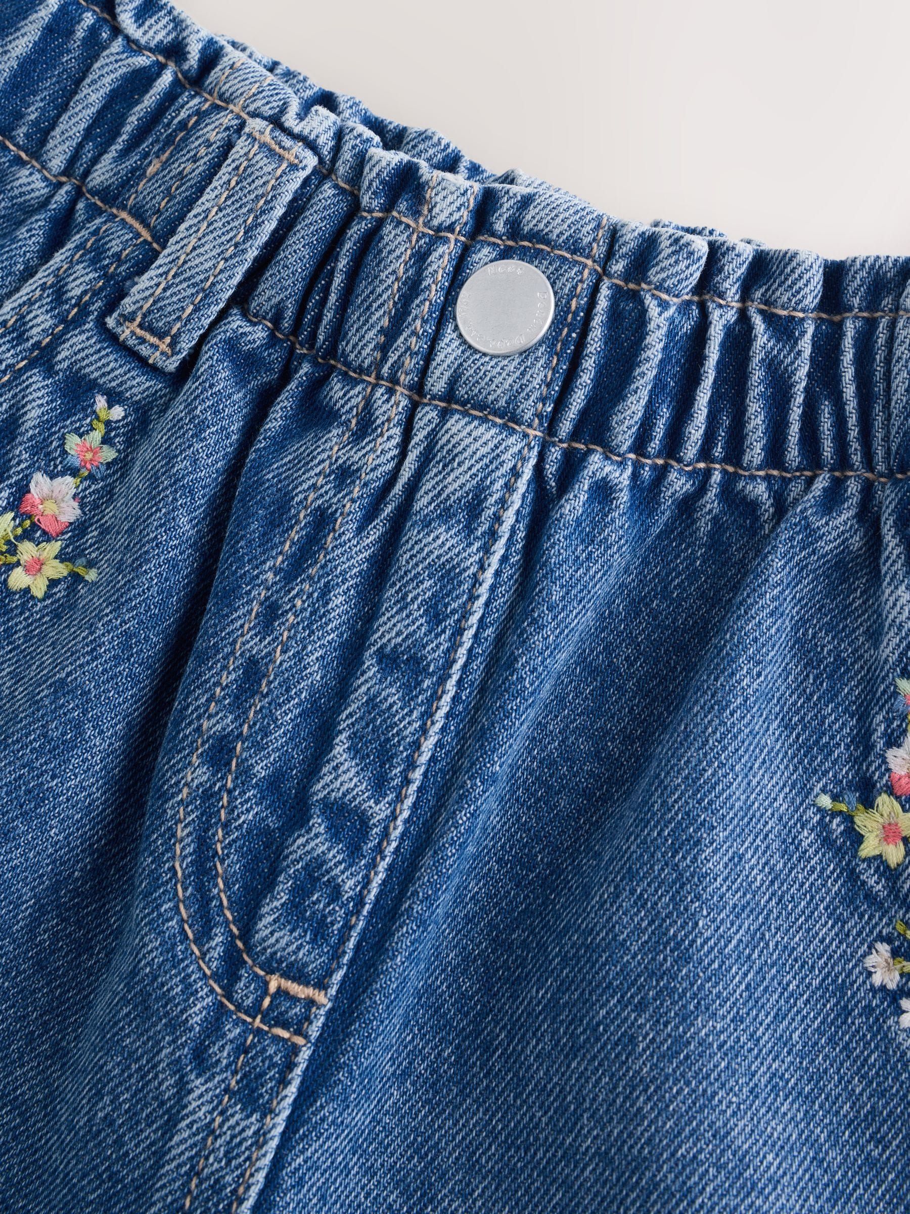 Next：日本 ミッドブルー デニム 刺繍入り フラワー - プルオン デニム