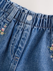 Mid Blue Denim Embroidered Flower - Pullon Shorts (3mths-7yrs) - Imaginea 7 din 9