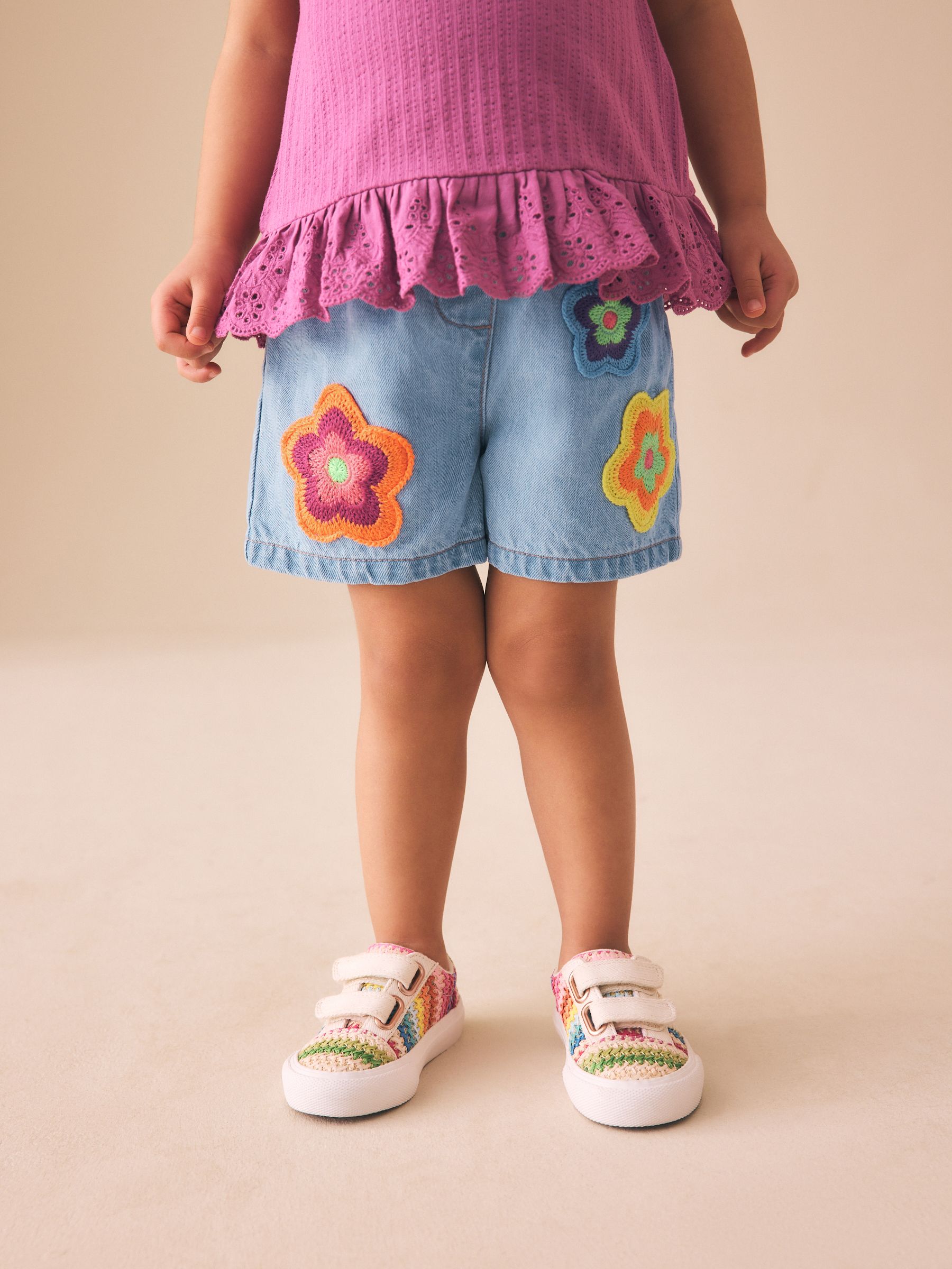 Buy Mid Denim Crochet Flower Pull On Denim Shorts (3mths-10yrs