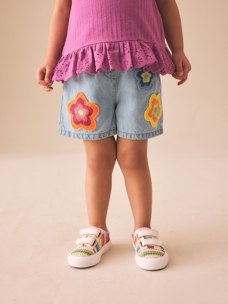 Mid Denim Crochet Flower Pull On Denim Shorts (3mths-10yrs) - Image 1 of 9