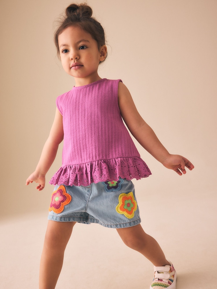 Mid Denim Crochet Flower Pull On Denim Shorts (3mths-10yrs) - Image 2 of 9