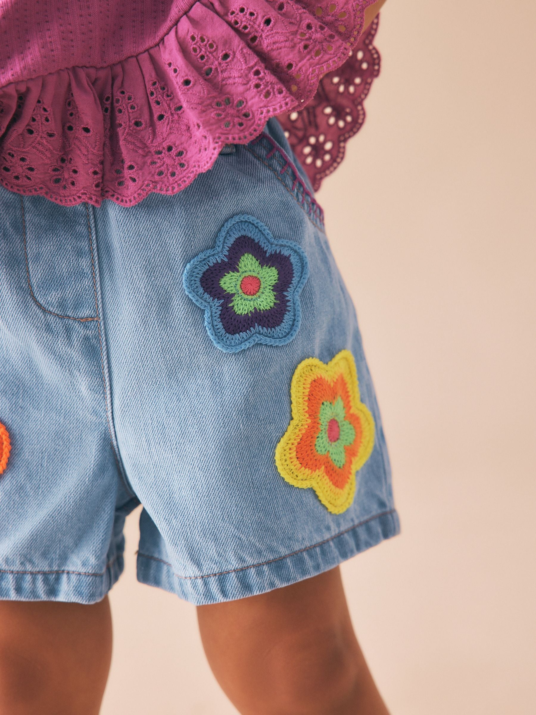 Buy Mid Denim Crochet Flower Pull On Denim Shorts (3mths-10yrs