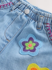Mid Denim Crochet Flower Pull On Denim Shorts (3mths-10yrs) - Image 7 of 9